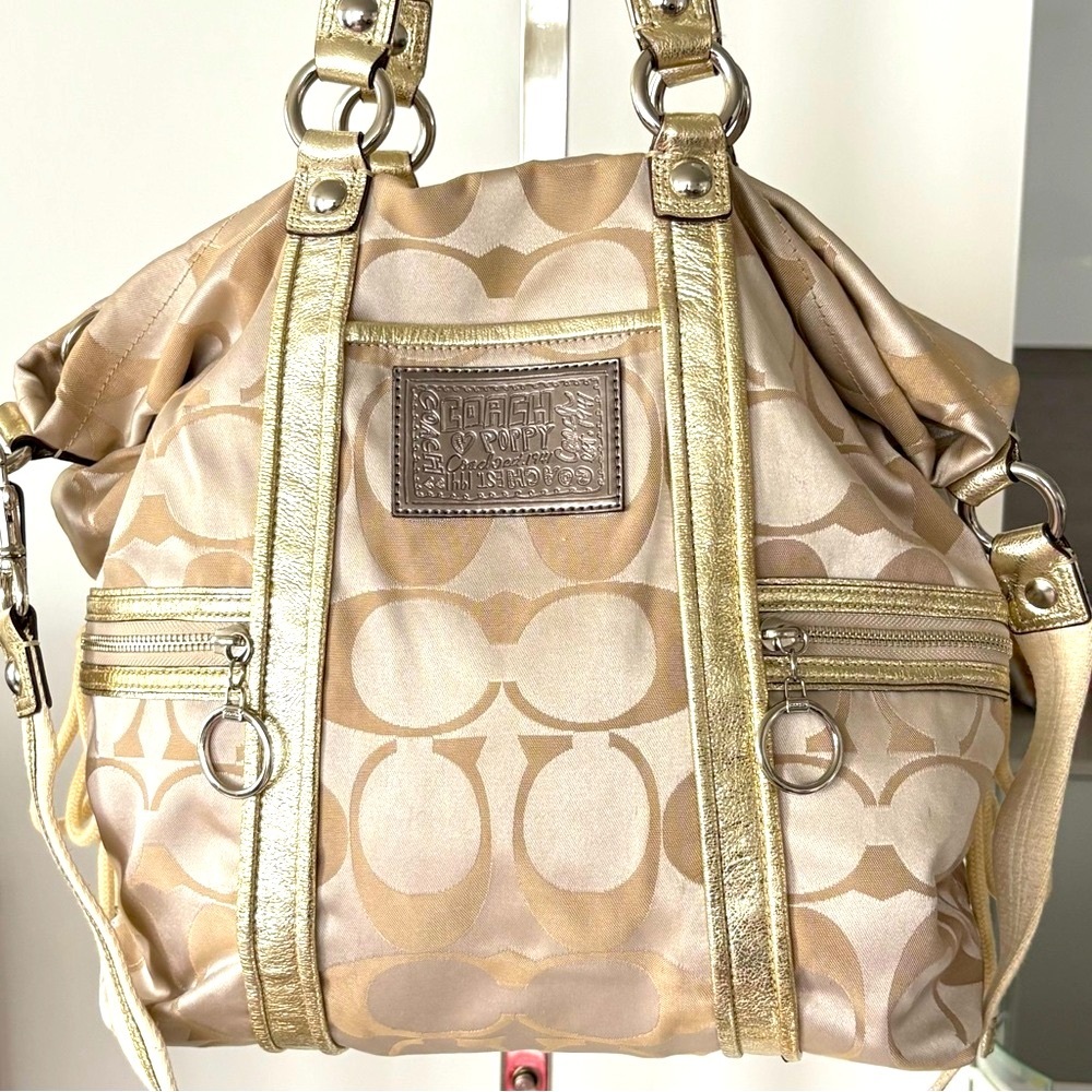 Coach Poppy Monogram Logo Beige Gold Shoulder Crossbody Leather and Nylon Bag